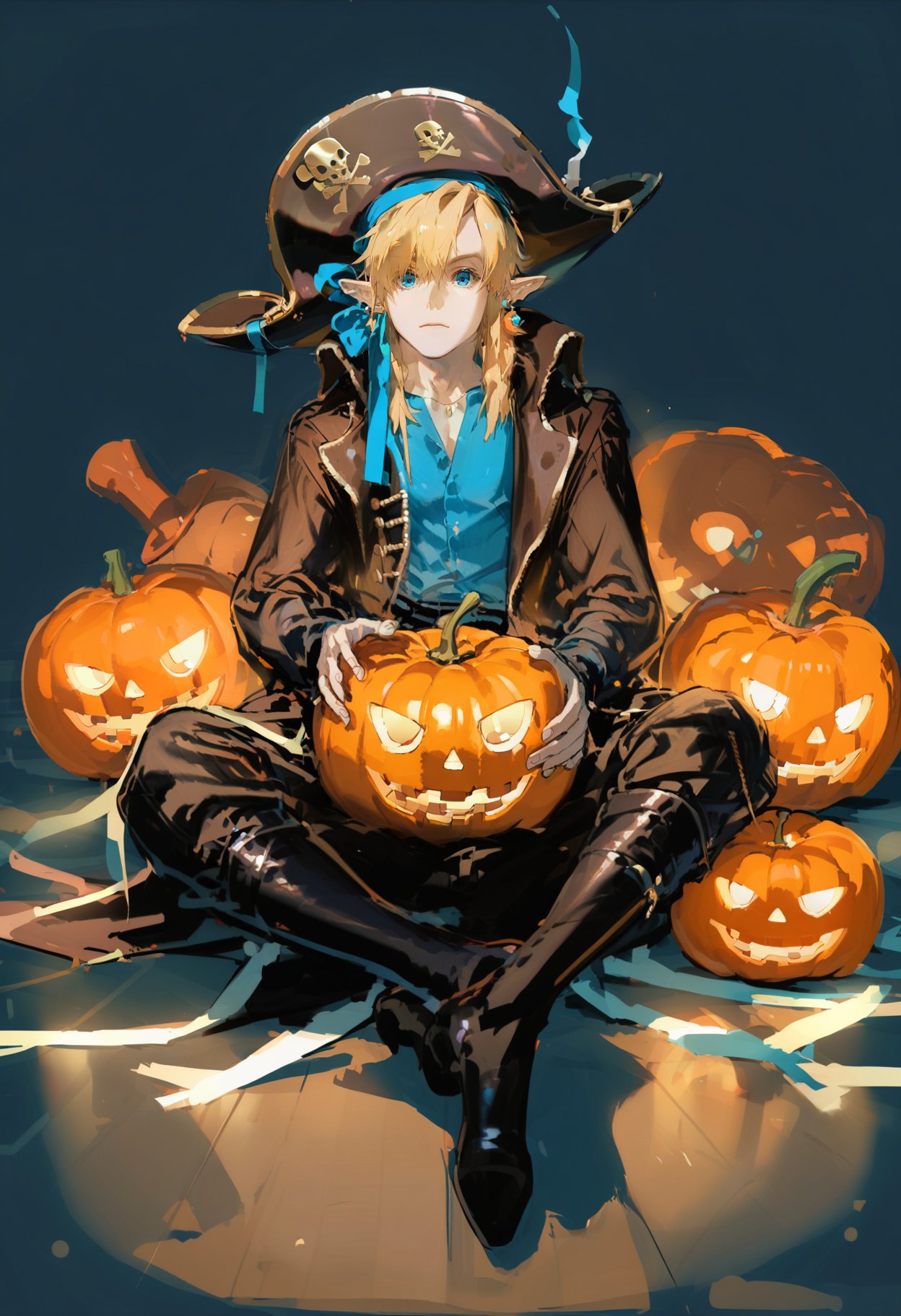 masterpiece, best quality, <lora:REDUMXLANI31lokrV53P1-000121:0.95>  1boy, link, male focus, solo, blonde hair, sitting, blue eyes, hat, pointy ears, pants, pumpkin, black footwear, long sleeves, bangs, pirate hat, closed mouth, pirate, shirt, black pants, halloween, boots, full body, jack-o'-lantern, looking at viewer, earrings, holding, coat, sidelocks, long hair, jewelry, black coat, blue shirt, indian style, black headwear