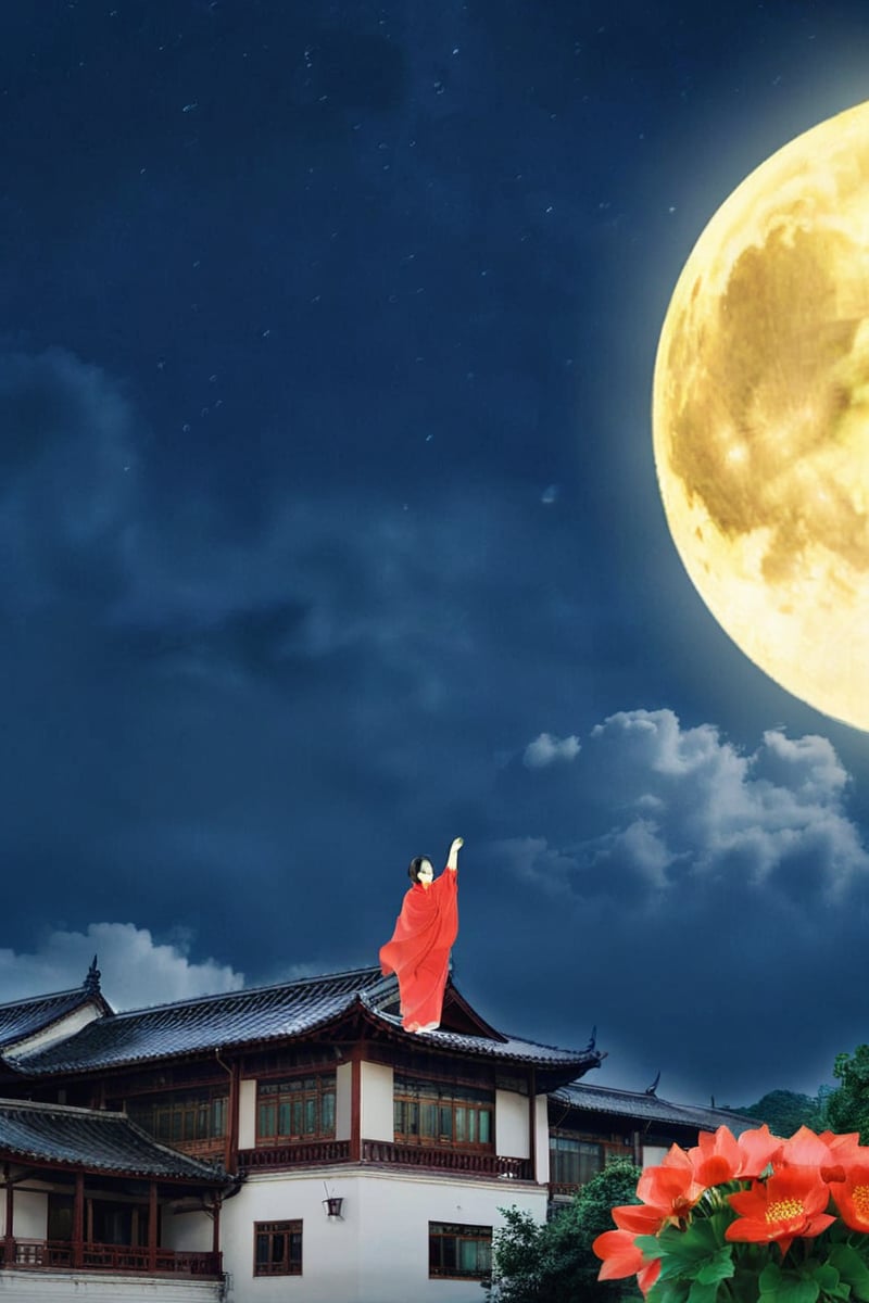 building, cloud, cnmidautumn, flower, full moon, midautumn, moon, night, night sky, no humans, red shirt, shawl, sky, sun,<lora:XL_CNmidAutumn.v1:0.7>,