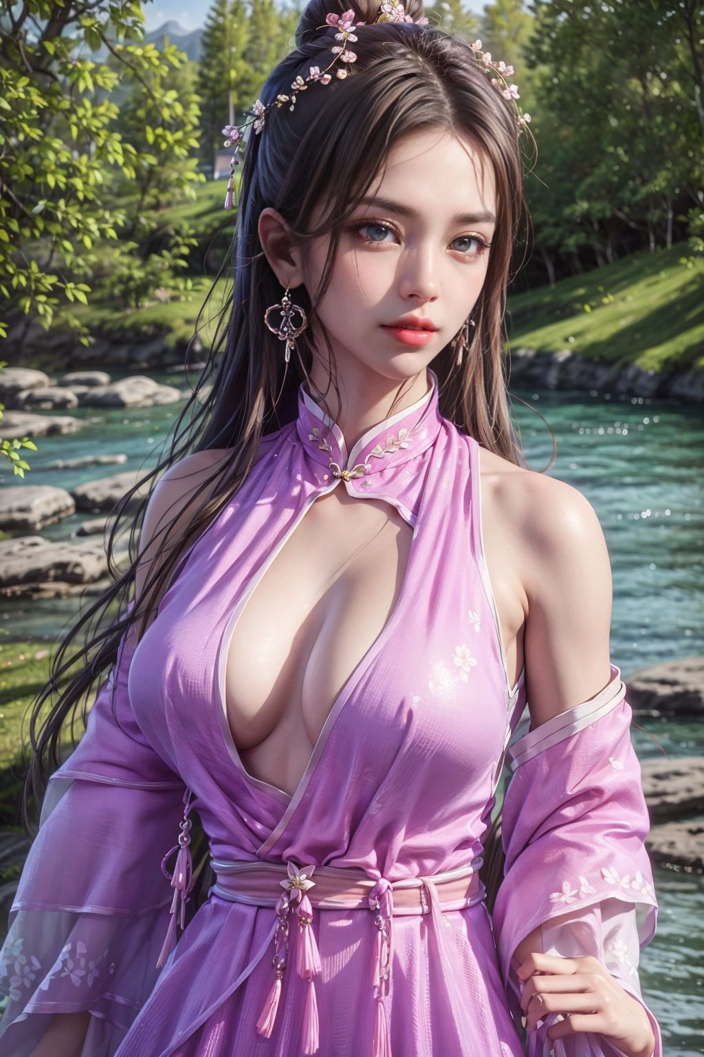 (best quality:1.3, masterpiece:1.3),realistic,(photorealistic:1.2),ultra high res,(1girl, solo),atmospheric perspective,fashi-girl detailed face,make up,(hanfu:1.2),pink lips,parted lips,closed mouth,shiny skin,(brown hair),very long hair,looking at viewer,blueeyes,earrings,slim body,perfect lighting,(front lighting),physically-based rendering,extremely detailed CG unity 8k wallpaper,lips,(china dress, dress:1.2),hair ornament,necklace,jewelry,long hair,earrings,(chinese clothes:1.2),large breasts,outdoors,water,river,Standing by the river,nature,mountain,depth of field,lens 135mm,f1.8,lens flare,floating sakura,flying butterfly,unbuttoned clothes,(upper body:2),dress,jewelry,flower,earrings,,purple dress,