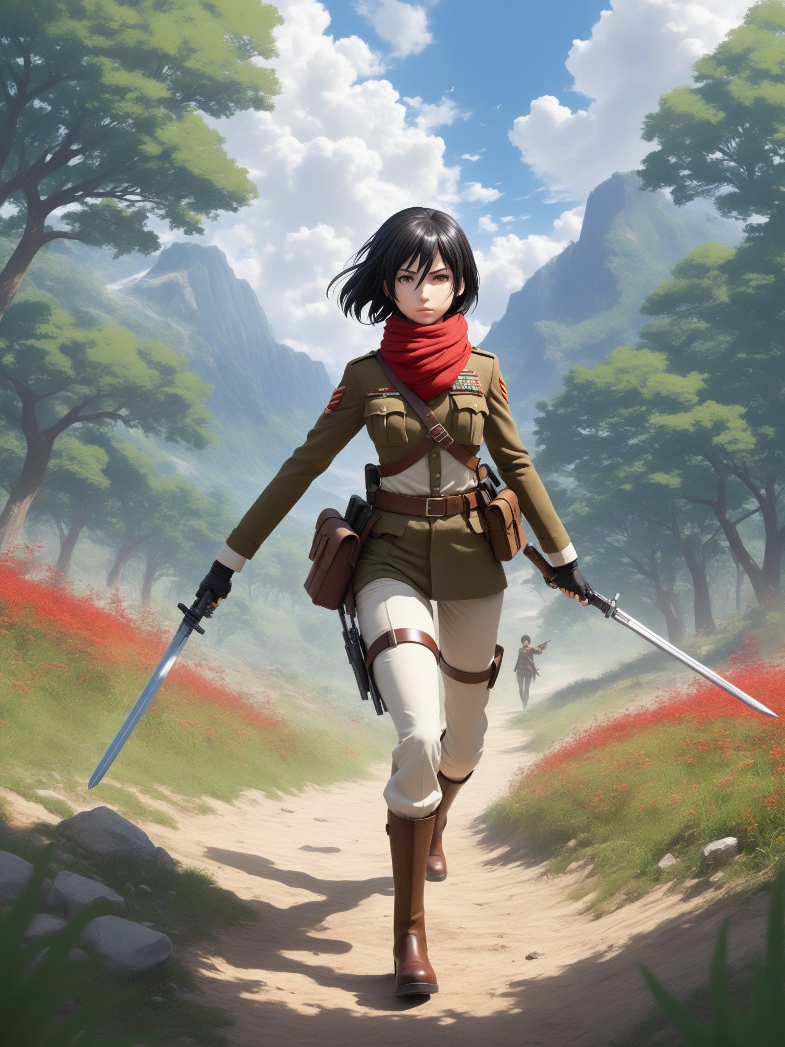 FRESHIDEAS landscape,(masterpiece, best quality:1.2),Mikasa Ackerman,1girl,solo,black hair,(Red scarf,red scarf:1.1),hair between eyes,pants,belt,Survey Corps uniform,green regimental belt,paradis military uniform,brown jacket,3D Maneuver Gear,blades,holding weapon,three-dimensional maneuver gear,tall boots,white shirt,A shot with tension,(Visual impact,giving the poster a dynamic and visually striking appearance:1.2),impactful picture,(masterpiece, best quality:1.2),offcial art,colorful,splash of color,movie perspective,advertising style(full body:1.1),