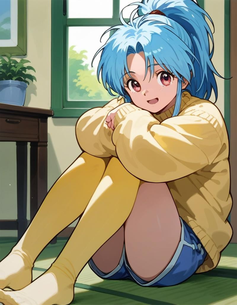 score_9, score_8_up, score_7_up, 1girl, solo, <lora:Botan PDXL:0.7>, botan, ponytail, blue hair, parted bangs, pink eyes, sweater, shorts, thighhighs, blue shorts, yellow sweater, yellow thighhighs, happy, indoors, sitting, medium breasts, feet, hugging own legs, 