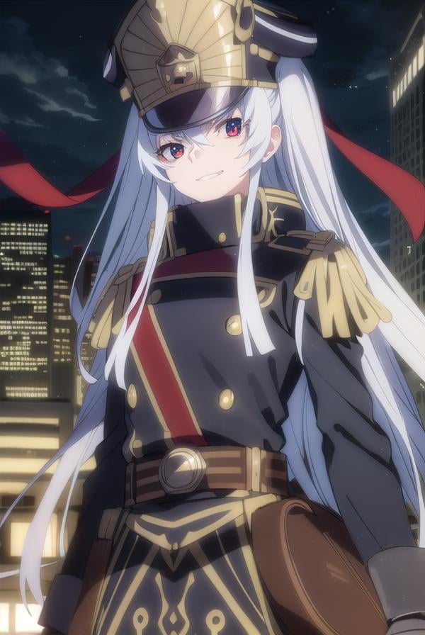 recreatorsaltair, <lora:recreators altair s1-lora-nochekaiser:1>, altair, long hair, (red eyes:1.3), very long hair, white hair, smile, grin,BREAK gloves, hat, uniform, military, military uniform, shako cap,BREAK outdoor, city, night, sky, buildings, moon, clouds,BREAK looking at viewer, (cowboy shot:1.5),BREAK <lyco:GoodHands-beta2:1>, (masterpiece:1.2), best quality, high resolution, unity 8k wallpaper, (illustration:0.8), (beautiful detailed eyes:1.6), extremely detailed face, perfect lighting, extremely detailed CG, (perfect hands, perfect anatomy),