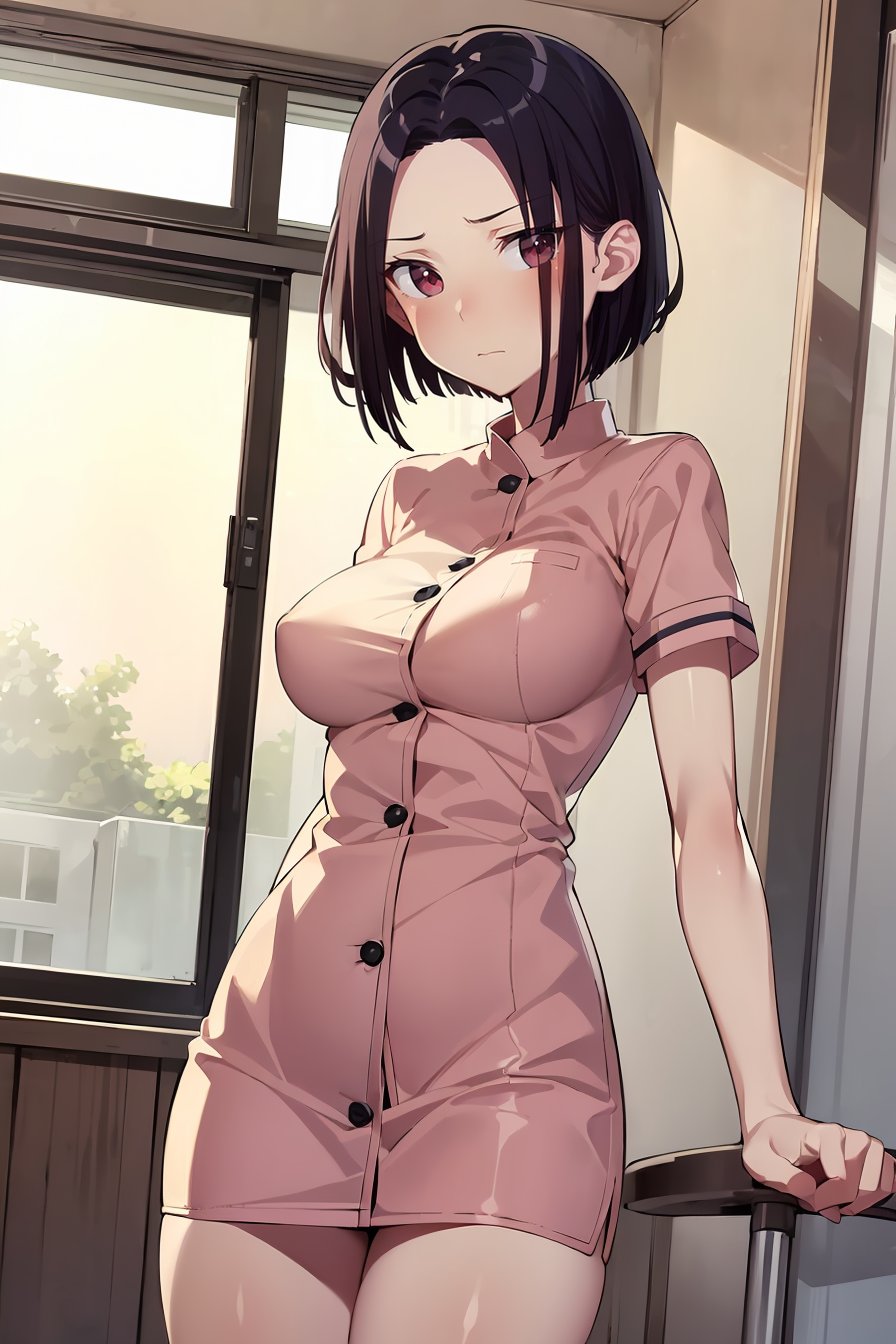 (masterpiece, best quality), 1girl, (solo), looking at viewer,expressionless, closed mouth,<lora:AngryExGF (Stopman)-offset:1>, Angry-Ex-GF, red eyes, breasts, forehead,nurse, nurse outfit, pink nurse uniform, miniskirt, short sleeves, buttons, pink skirt, pink shirt