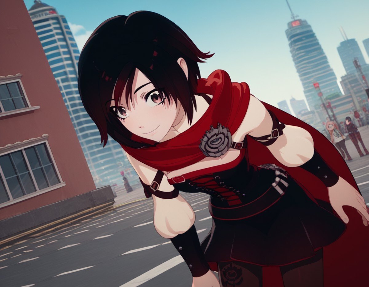 score_9, score_8_up, score_7_up, source_anime, <lora:ruby-rose-ponyxl-lora-nochekaiser:1>, ruby rose, short hair, black hair, red hair, grey eyes,, dress, pantyhose, cape, corset, belt,, cityscape, street, bent over, smile, looking at viewer, solo, cowboy shot, dutch angle