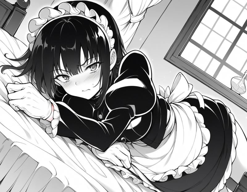 score_9, score_8_up, score_7_up, source_anime,tsubakirurikawa, <lora:tsubaki-rurikawa-manga-ponyxl-lora-nochekaiser:1>,tsubaki rurikawa, bangs, large breasts, monochrome, greyscale,skirt, gloves, long sleeves, dress, frills, puffy sleeves, white gloves, apron, maid, maid headdress, juliet sleeves, maid apron,indoors, bed, bed room, on side, blush, drunk,looking at viewer, solo, cowboy shot, dutch angle,