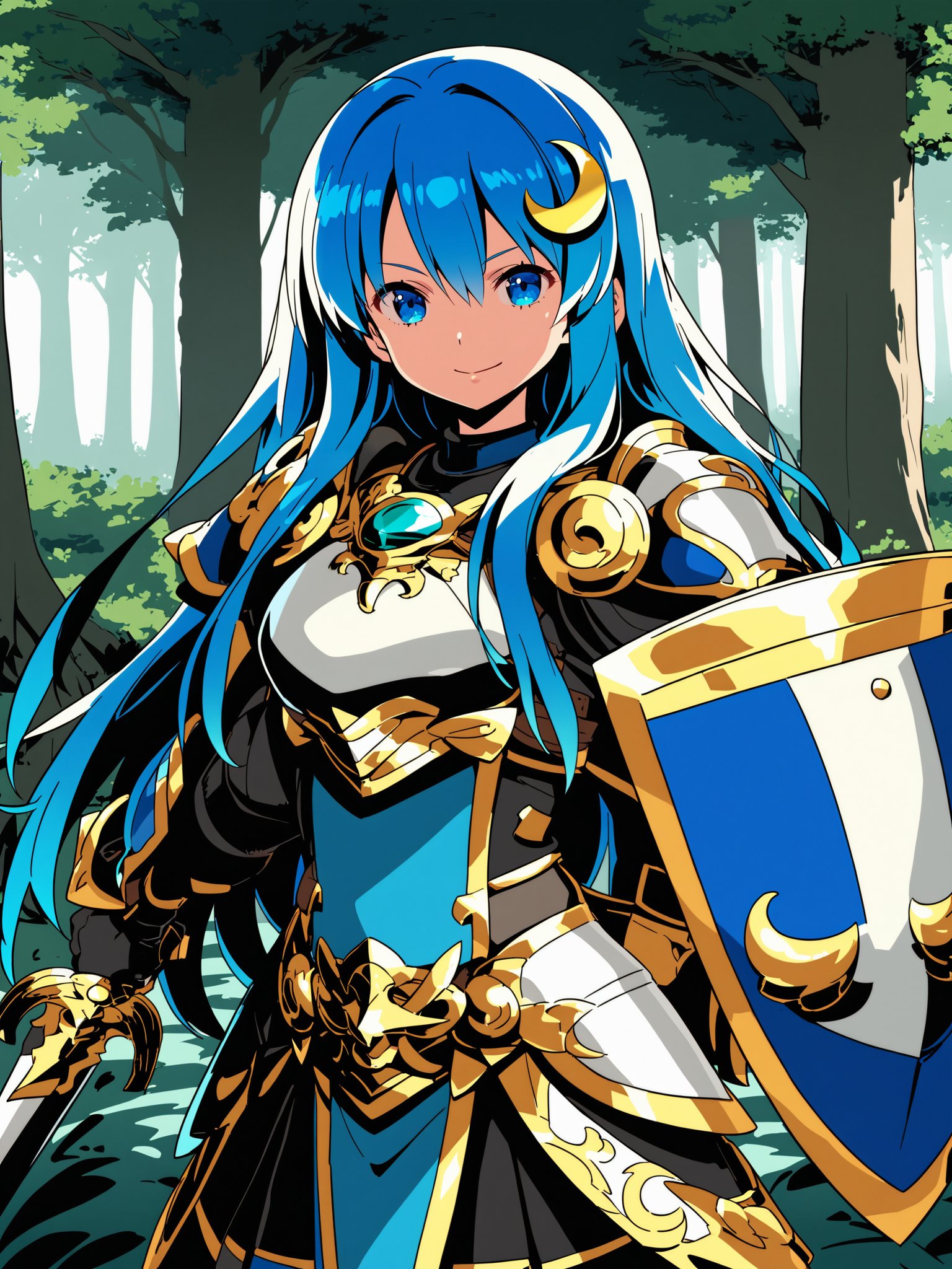 score_9,source_anime,1girl,standing,blue hair,beautiful_detailed_eyes,very long hair,blue eyes,close up,crescent hair ornament,looking at viewer,heavy armor,chest jewel,jewelry,smile,serious,forest,shield,holding sword,<lora:Etrian_Odyssey_XL:0.8>,