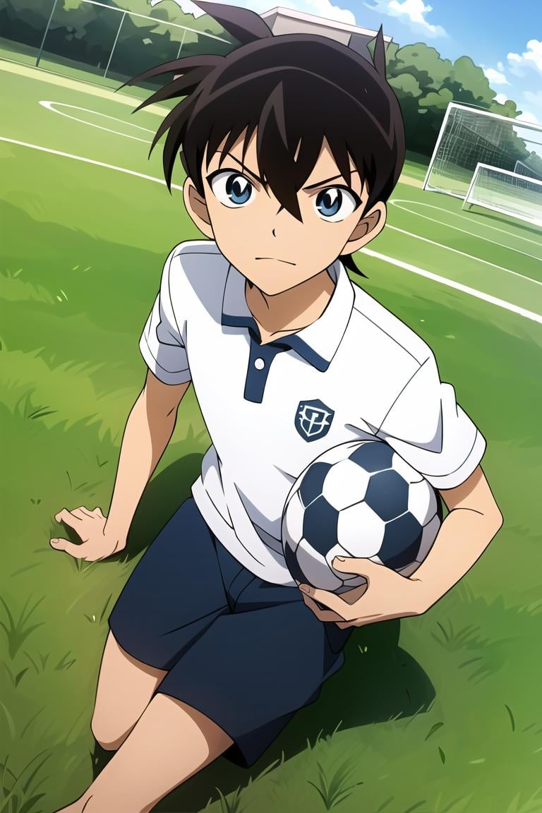 ((masterpiece)),((best quality)),ultra-detailed,illustratio,wallpaper,perfect lighting,Colorful,ultra highres,4K,photography,anime coloring,1boy, soccer ball, ball, closed mouth, sportswear, short hair, black hair, holding, shirt, solo, hair between eyes, bangs, collared shirt, soccer, white shirt, holding ball, brown hair, blue eyes,official style,anime screencap,outdoor,meadow,full body,soccer field, grass, soccer goal,<lora:Kudou Shinichi_:0.7>