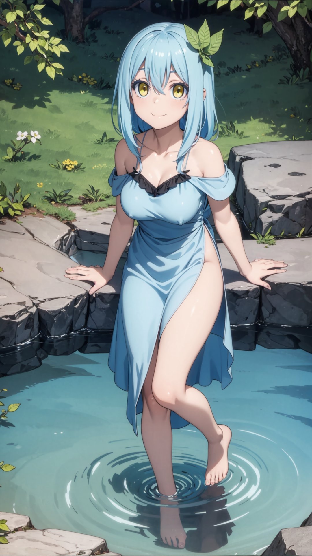 (masterpiece, best quality), ray tracing, absurdres, HDR,rimuru tempest, underground lake goddess, 1girl,yellow eyes,blue hair,large breasts , ,hair between eyes, long hair, solo, leaf hair ornament, dress, comic, , closed mouth, water,, ripples, smile, barefoot, off shoulder, bare arms ,looking at viewer, blush<lora:rimuru_lake_goddess:0.7>