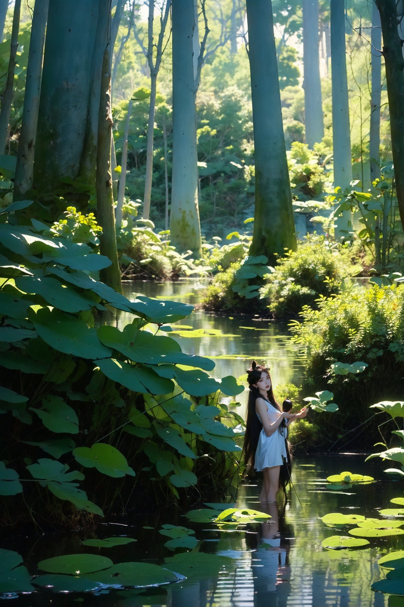 swamp，(wide shot, wide-angle lens,Panoramic:1.2),super vista, super wide Angle，Low Angle shooting, super wide lens, Scenery, (huge trees:1.4)，Dynamic Angle, Perspective, High Point,pov，(dramatic, gritty, intense:1.4),masterpiece, best quality, 8k, insane details, intricate details, hyperdetailed, hyper quality, high detail, ultra detailed,1 girl, animal ears, forest, hunting, confident expression, sharp eyes, long flowing hair, camouflage headband, archery pose, drawing bowstring, quiver of arrows on back, agile movement, cautious footsteps, blending with nature, sunlight filtering through trees, serene atmosphere, birdsong, clear stream, attentive to surroundings, harmonious connection with wildlife，A mature face，sideways glance, (cold attitude,eyeshadow,eyeliner:1.1),(red lips:1.2),watery eyes, jewelry，earrings，bare shoulders，updo, hair bun，dress，flower，hair ornament，necklace，A shot with tension，(sky glows，Visual impact,giving the poster a dynamic and visually striking appearance:1.2),Chinese Zen style,impactful picture,<lora:绪儿-巨树沼泽 swamp:0.8>