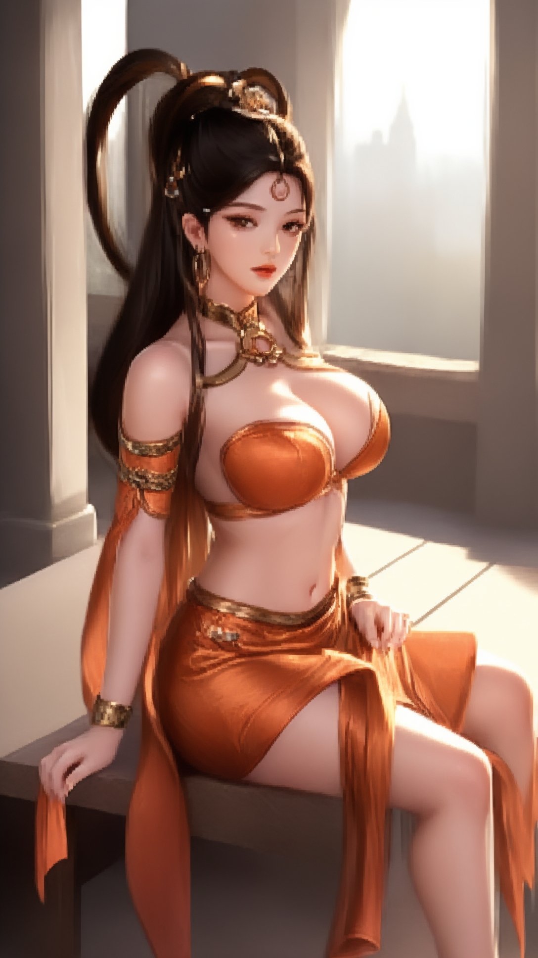 (1girl),smooth chin,masterpiece,detailed face,((hair ornament:1.2)),top quality,4k,make up,best quality,large breasts,(looking at viewer),ribbon,arms behind back,shawl,detached sleeves,forehead mark,legs,on street,full body,sitting on table,<lora:王者 杨玉环 遇见飞天_v1.0:0.9>,(big hair ring:1.5),hair ribbon,chinese clothes,orange skirt,midriff,anklet,armlet,