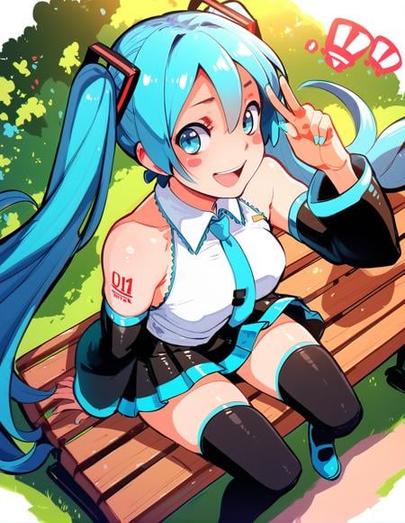 score_9, score_8_up, score_7_up,  score_6_up,  a girl sitting on a park bench, smile, looking at viewer, open mouth, detached sleeves, black skirt, black thighhighs,  hatsune miku,  <lora:sr_style_pony_v1_s1190:1> , from above, blush stickers,