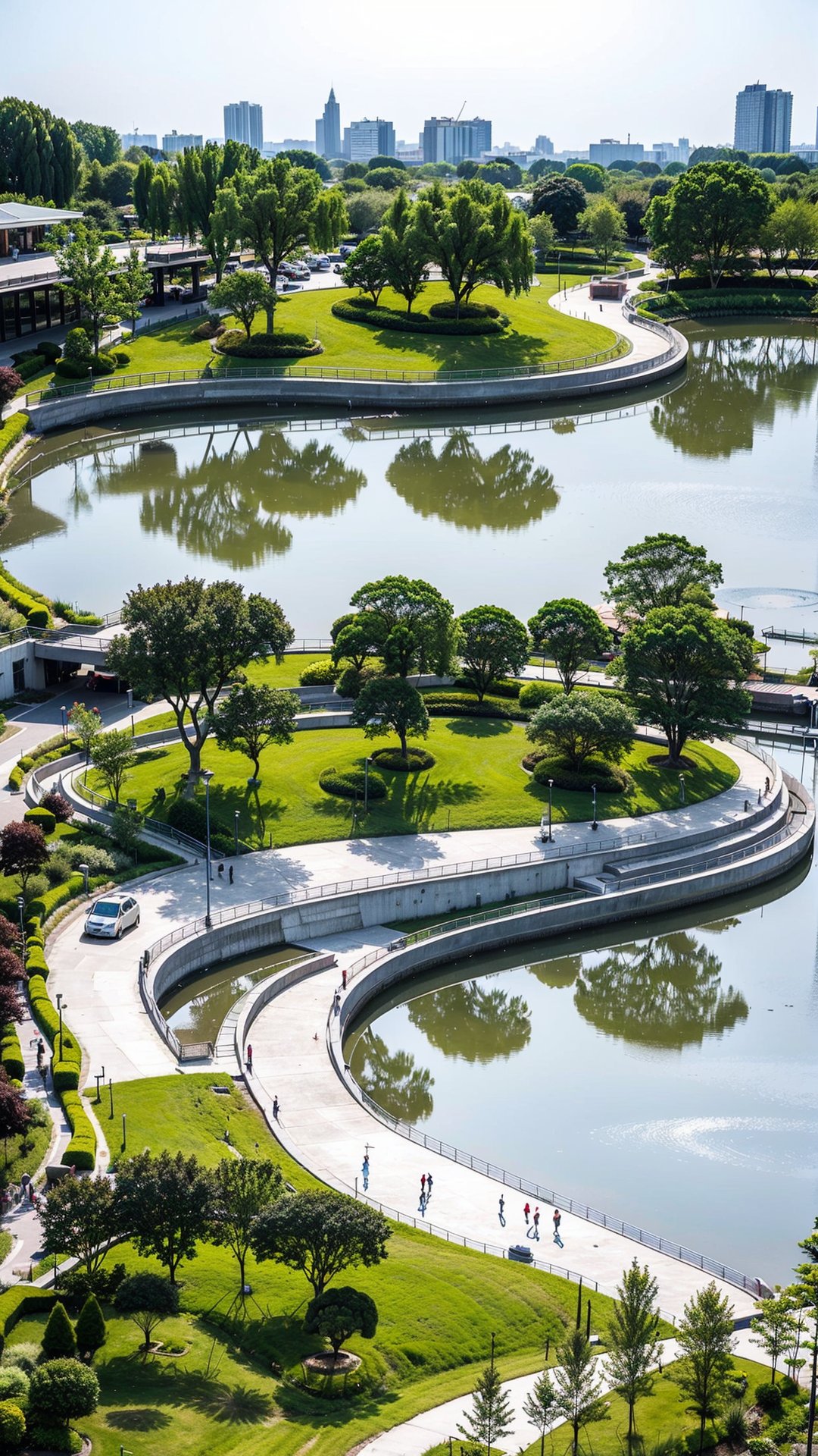 road,masterpiece,outdoors,city,cityscape,skyscraper,human,day,sky,tree,city,cloud,building,best quality,smooth,tree,daytime,concise,plant,building,outdoors,HDR,UHD,8K,Highly detailed,Studio lighting,HDR-based rendering,UK il,extreme-description,water,Beautiful composition,advanced sense,The sparkling water surface,moody,relaxing,Rich plant groupings,Best Lighting,A photo of a landscape park,Continuous road,outstanding platform,<lora:landscape_滨水景观:0.6>,