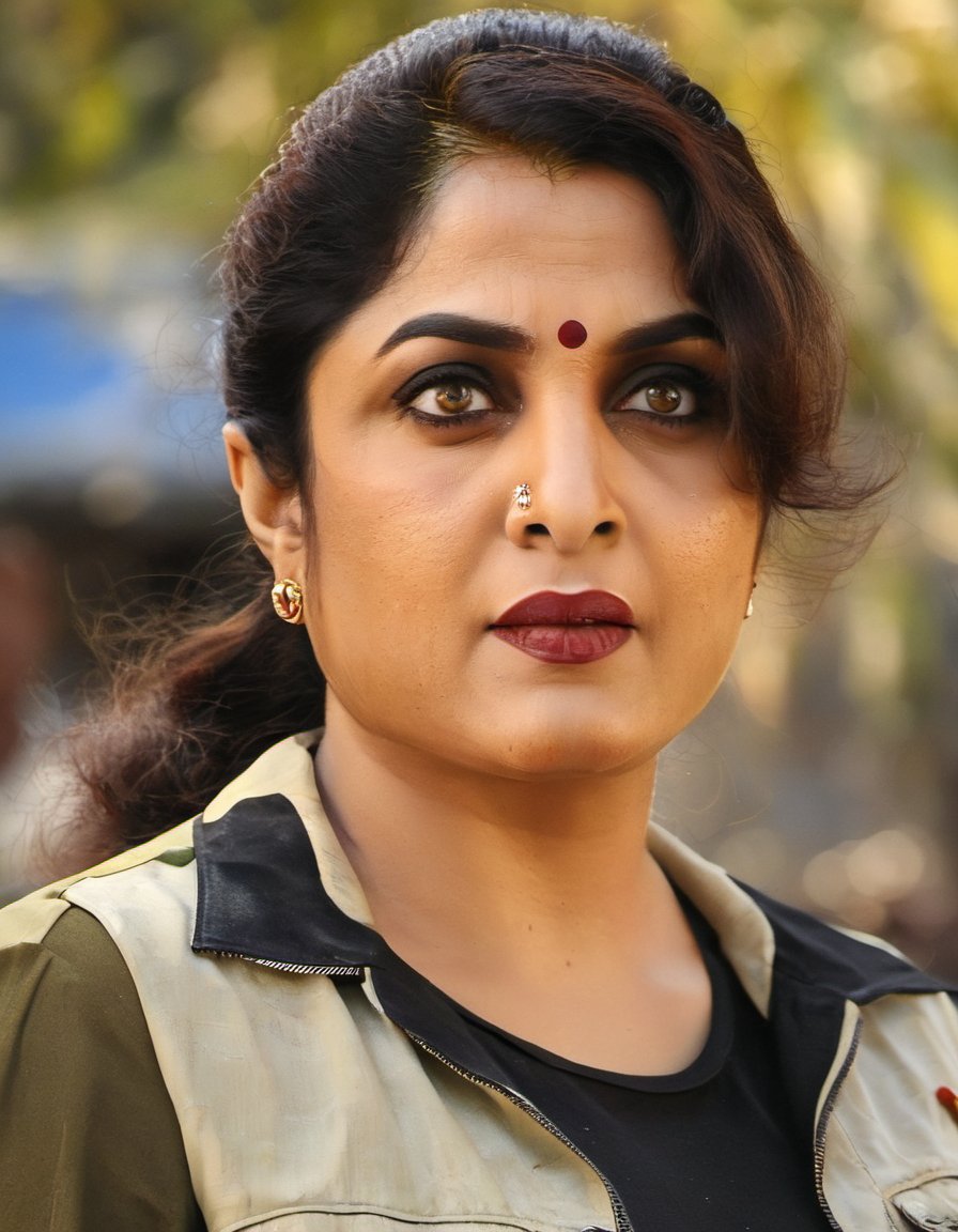 RamyaKrishnan,A detailed portrait of a woman with a neutral expression, facing the camera head-on. She has light brown wavy hair parted on the side and draped over her shoulders. Her makeup includes defined eyebrows, subtle eyeshadow, and bold red lipstick. She has green eyes and a scattering of freckles across her nose and cheeks. She's wearing what appears to be a red garment with a black denim jacket over it, the collar of the jacket is popped and outlined with black stitching