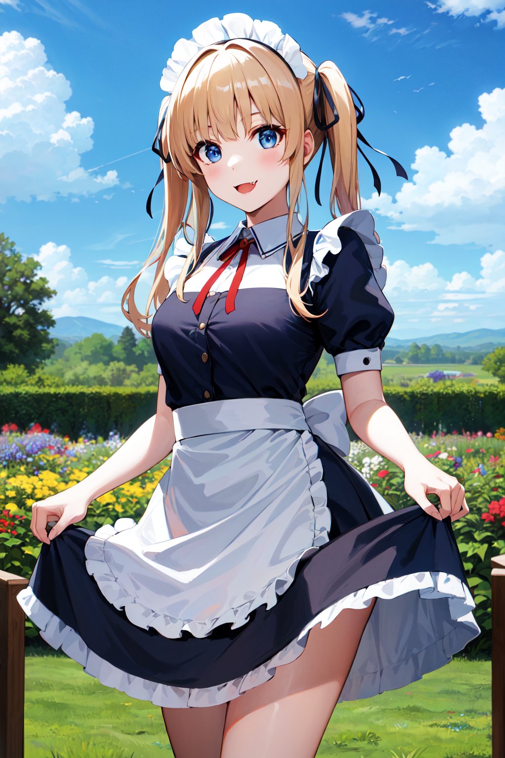 masterpiece, best quality, highres, aaeriri, long hair, twintails, hair ribbon, fang, <lora:sawamura_spencer_eriri_v1:0.7>, maid, maid headdress, skirt hold, standing, cowboy shot, outdoors, garden, flower, smile