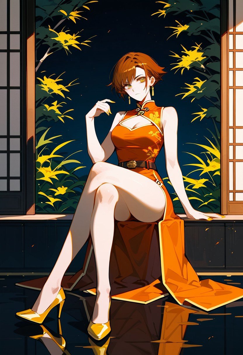 score_9,score_8_up,score_7_up,source_anime, Androssi Zahard,1girl,solo,breasts,looking at viewer,dress,closed mouth,cleavage,bare shoulders,sitting,medium breasts,full body,sleeveless,belt,hand up,high heels,clothing cutout,sleeveless dress,bare legs,chinese clothes,red dress,cleavage cutout,crossed legs,china dress,yellow footwear,orange dress,