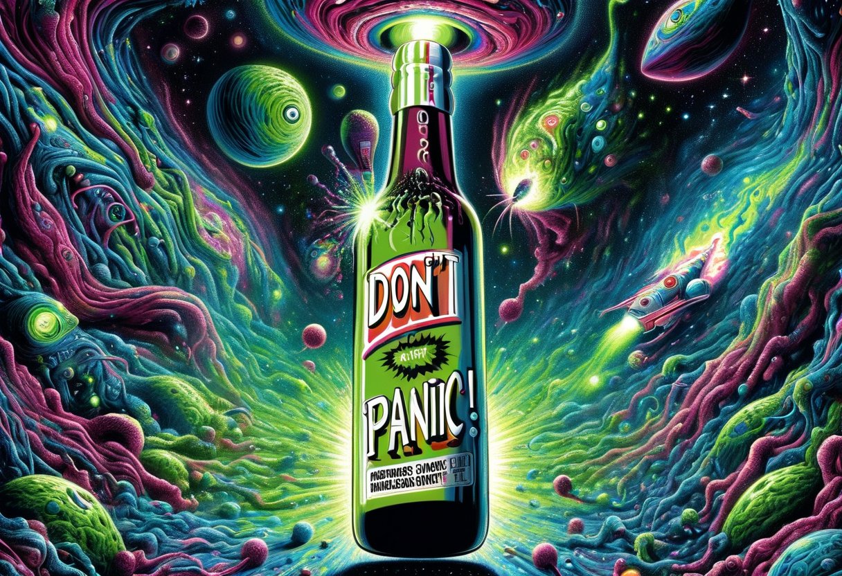 DonMD0n7P4n1cXL, text "DON'T PANIC!", hyper detailed masterpiece, dynamic realistic digital art, awesome quality,gaseous winery,Rayless archive,dark hatch soft particles,solar flare, unsettling,evasive,robotic,wildlife  <lora:DonMD0n7P4n1cXL:1>