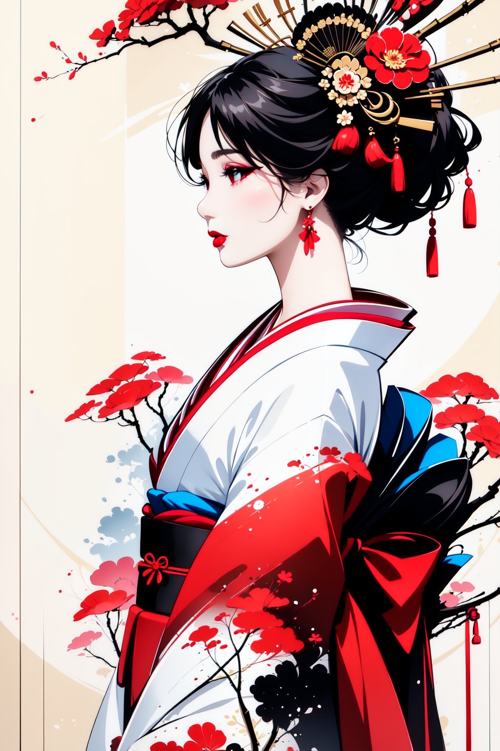 1girl, solo, black hair, hair ornament, jewelry, upper body, flower, earrings, japanese clothes, hair flower, kimono, from side, sash, profile, makeup, obi, lipstick, pale skin, red lips, hair stick, kanzashi, sumi-e art, INK art.<lora:EMS-387190-EMS:1.000000>