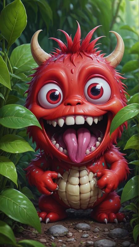 masterpiece, botanic art, illustration cute red monster cartoon character, botanical art book, plant, half-closed eyes, open mouth, tongue out, saliva, drooling, colorful, sharp focus, masterpiece, high quality, shallow depth of field detailed background,, <lora:add-detail-xl:1>