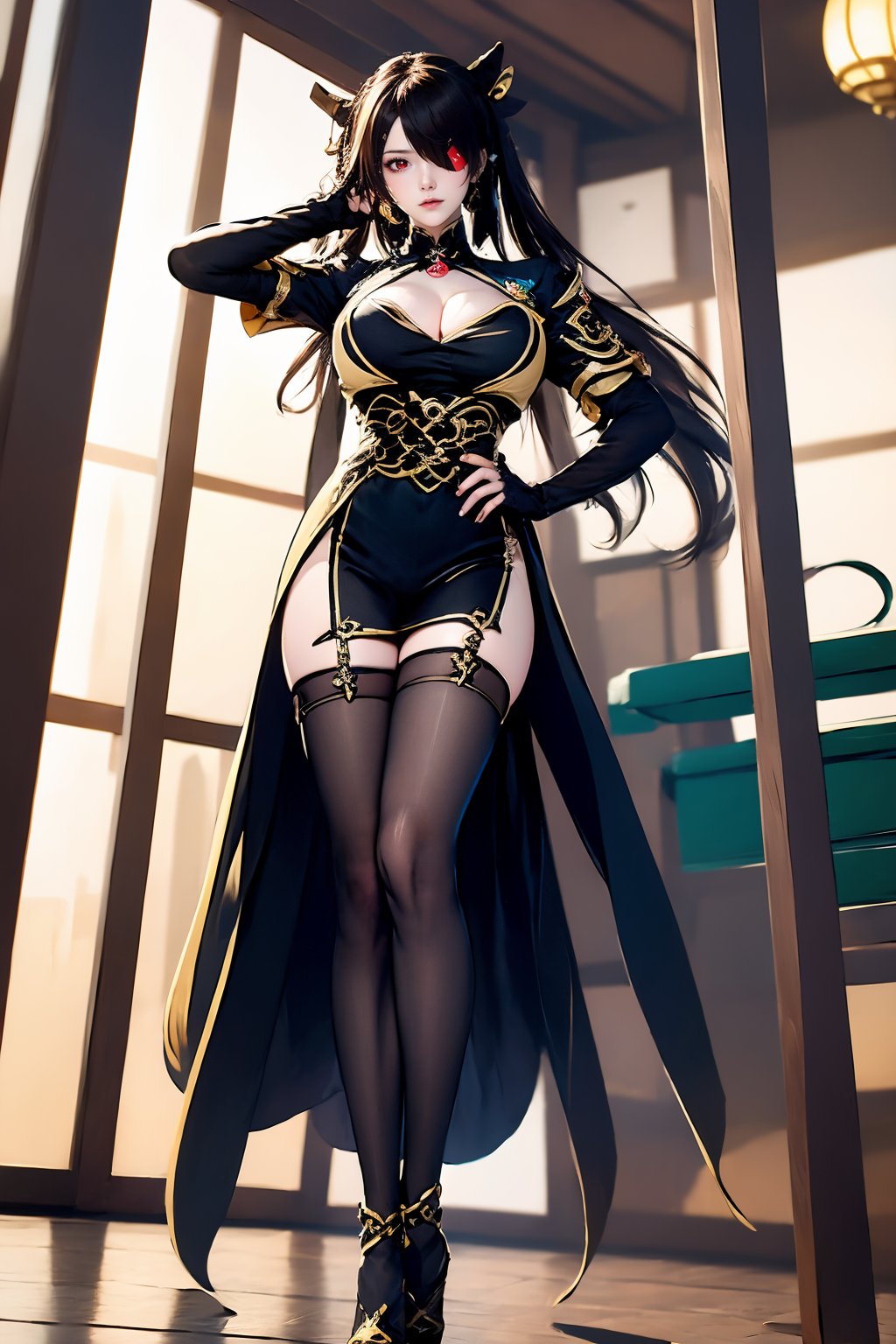 1girl, beidou \(genshin impact\), eyepatch, solo, breasts, high heels, boots, gloves, long hair, cleavage, fingerless gloves, hairpin, hair ornament, hair stick, high heel boots, red eyes, thighhighs, looking at viewer, black hair, black gloves, jewelry, one eye covered, large breasts, brown hair, earrings,