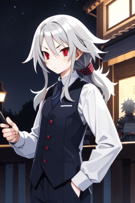 solo, 1boy, light grey hair, dreadlocks, red eyes, dark blue waistcoat, night, outdoors <lora:harada_takehito_Disgaea_style_v01:1>