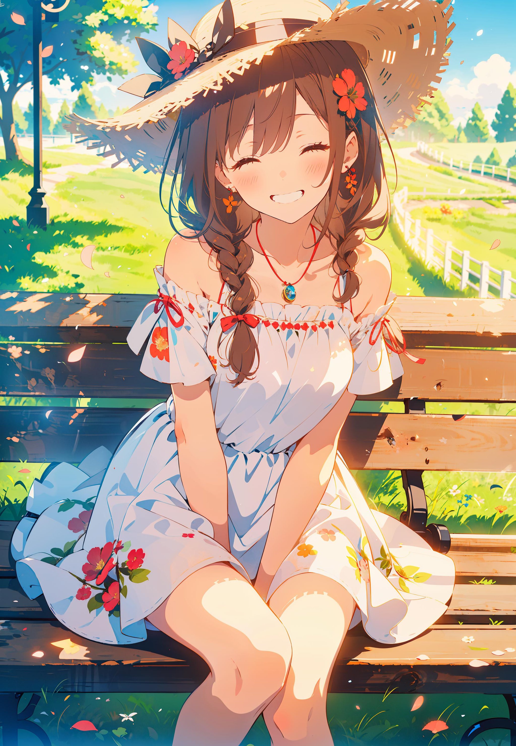 masterpiece, best quality, looking at viewer,1girl, solo, smile, sitting, hat, shoulder cutout, braid, dress, brown hair, (closed eyes:1.1), twin braids, blush, long hair, bench, grin, grass, white dress, jewelry, clothing cutout, bangs, necklace, floral print, blurry, hand between legs, blurry background, between legs, bow, facing viewer, breasts, bare shoulders, sun hat, straw hat, day, collarbone, hair bow, short sleeves, feet out of frame, ribbon, brown headwear, on bench, depth of field, park bench, ^_^, hair over shoulder,day, sky, flower field, petals,