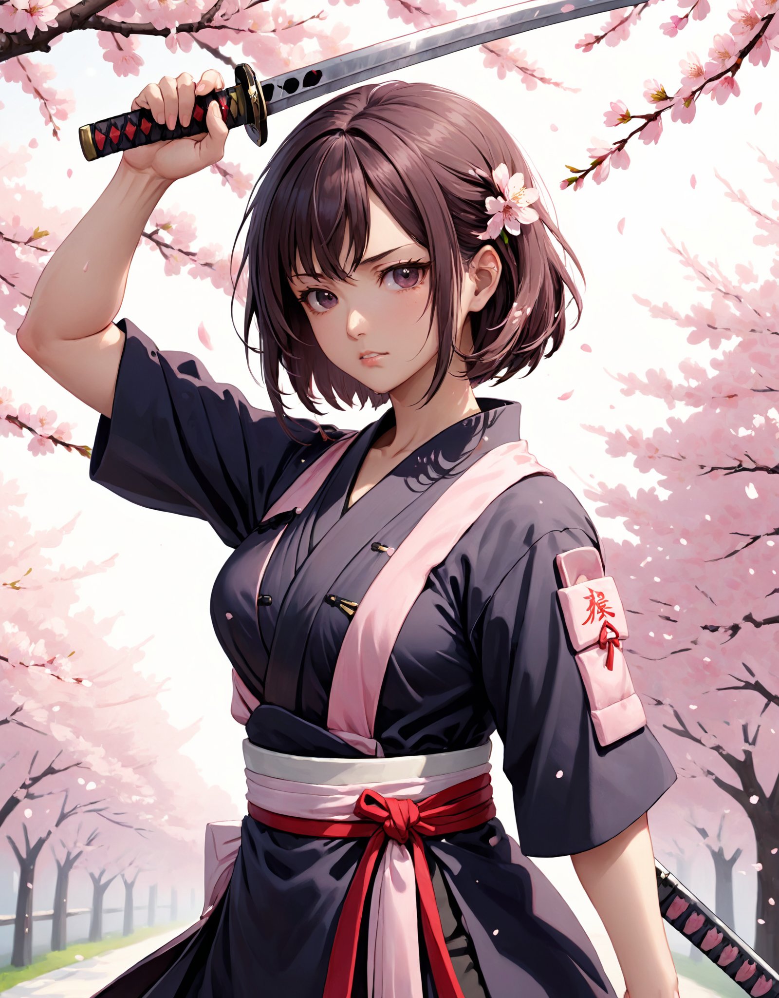 (masterpiece, best quality, high quality, highres, ultra-detailed),upper body,strike pose,katana right hand,cherry blossoms