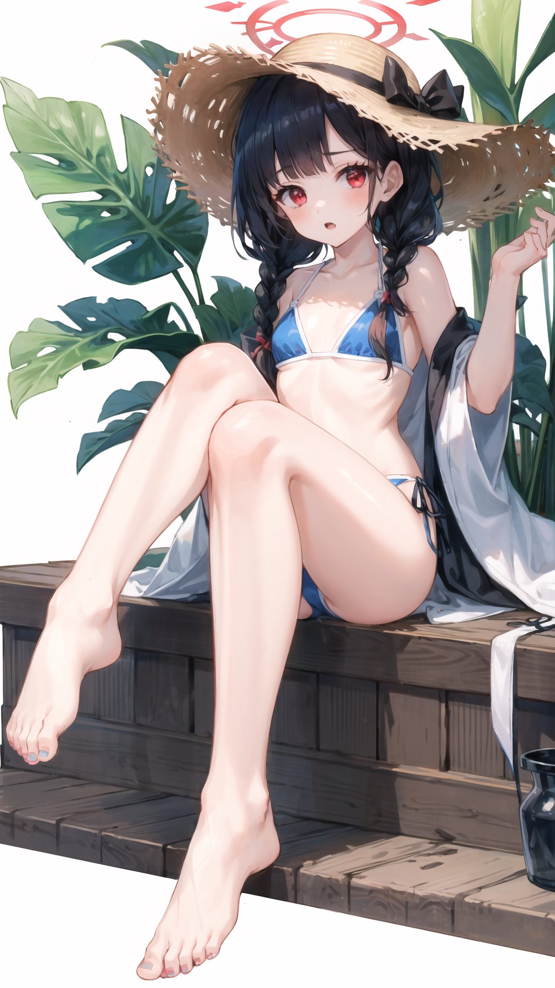 1girl,red eyes,hat,solo,swimsuit,halo,feet,toes,black hair,barefoot,miyu (blue archive),bikini,soles,braid,long hair,sitting,twin braids,white background,looking at viewer,straw hat,simple background,open mouth,white bikini,leaf,blush,bare legs,bangs,small breasts,twintails,full body,