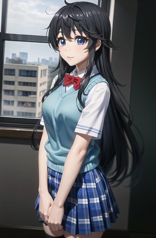 Ako_(School Uniform), 1girl, masterpiece, 8k, 4k, waist up, black hair, detailed face+blue eyes, blue sweater vest, plaid skirt, short sleeve blue sweater, black thighhighs,  <lora:Ako_LA_AVATAR_V5.1:0.7>