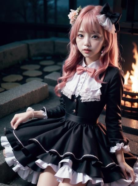 beautiful 1girl wearing a coral pink (idol dress) <lora:idol_dress-2.0:0.8>,layered skirt, frills, ribbon, bow, sequins, (passion pink hair Layered Cut),(Campfire pit),fish-eye lens,supine,suspicious