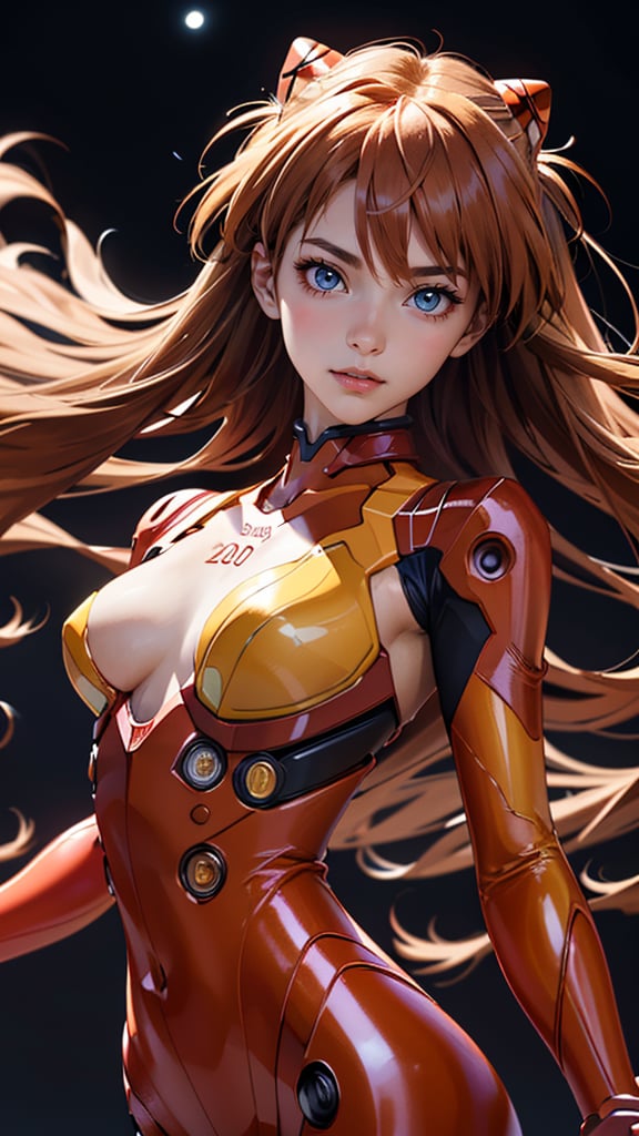 (best quality, masterpiece, colorful, highest detailed) upper body photo, fashion photography of cute (Asuka Langley), in high detailed textured Evangelion red plugsuit, (ultra-detailed body), (light smile:0.3), moonlight passing through hair, (colorful background:1.3), (intricate details), (dynamic angle)