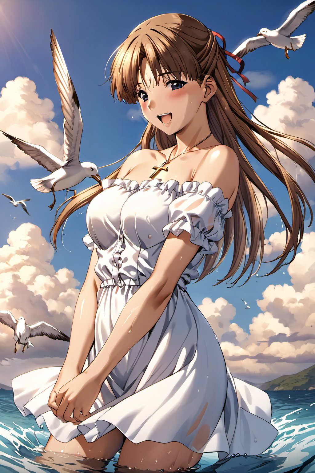 high detailed,very aesthetic,high detailed,very aesthetic, kanzaki asuka, 1girl, blonde hair, smile, dress, cloud, sky, outdoors, facing viewer, wading, white dress, brown hair, necklace, blush, water, day, grin, jewelry, long hair, floral print, blue sky, ^_^, cloudy sky, bird, bare shoulders, standing, off shoulder, long sleeves, ocean, frills, off-shoulder dress, arms at sides, water drop, wet, collarbone, frilled dress, cross, see-through, teeth, cross necklace, cowboy shot, print dress, floating hair, frilled sleeves, wind, wet clothes, open mouth, short dress, seagull, masterpiece, best quality, cute girl, beautiful girl, perfect body, perfect face, shiny eyes, <lora:kanzaki asuka ghost:0.8>