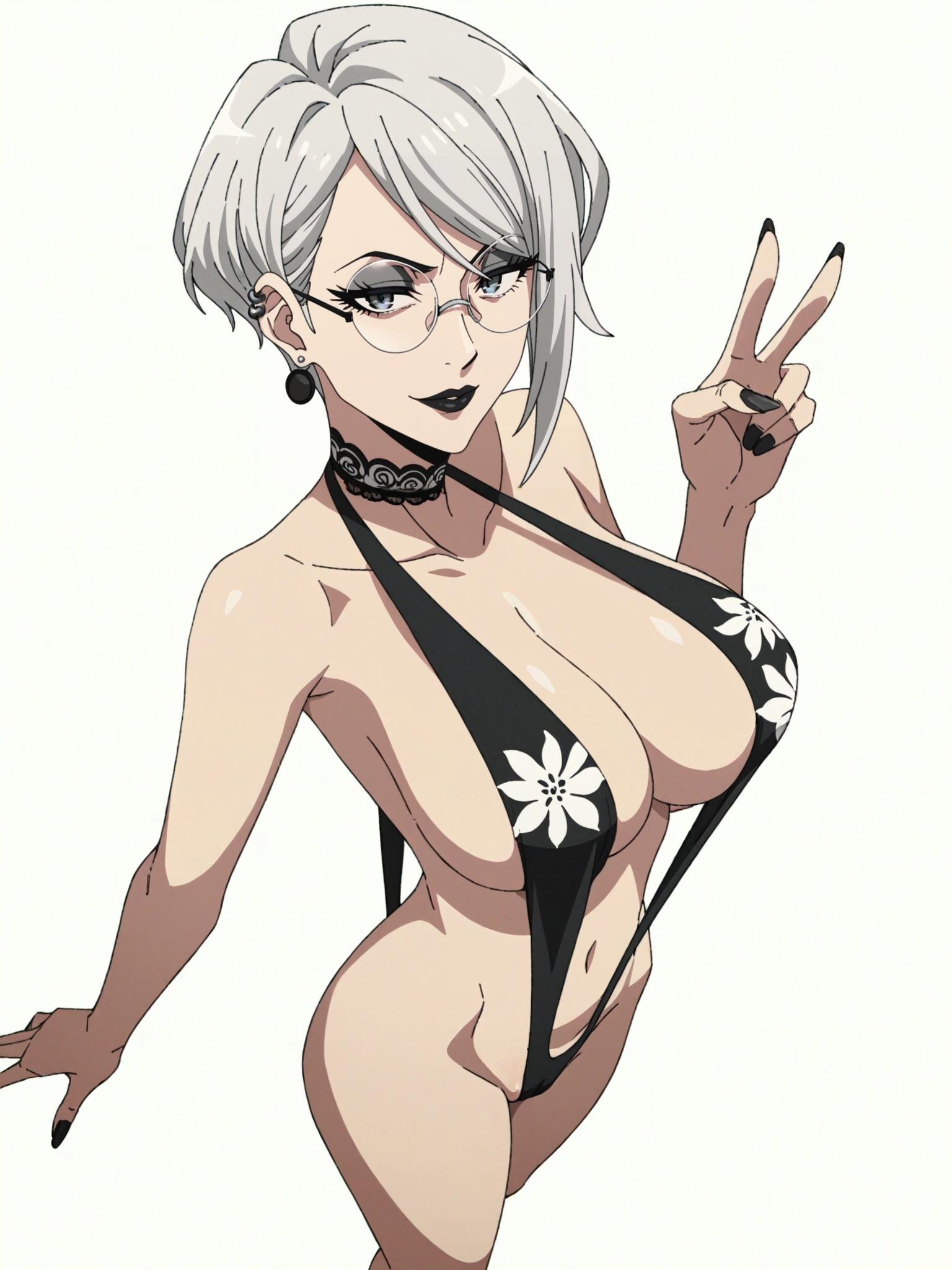 score_9, score_8_up, score_7_up, score_6_up, score_5_up, score_4_up,BREAK1girl, white hair, asymmetrical hair, straight hair, short hair, tomboy, grey eyes, thick lips, light smile, long eyelashes, half-closed eyes, black-framed eyewear, round eyewear, black choker, swept bangs, adult, mature, black eyeliner, ear piercing, black lips, grey eyeshadow, looking at viewer,BREAKsolo, standing, large breasts, adult, skinny, peace sign, from above, partially visible vulva, cameltoe, pussy peek, arched back, thigh gap, black slingshot swimsuit, white stripes, patterned clothing, adidas, floral print swimsuit, floral print choker, ornate, ornate clothes,BREAK(white background:1.2), simple background, dynamic pose, dynamic angle, angled shot, screencap, <lora:Lunas-Mushoku-Tensei-SDXL-A4:1>