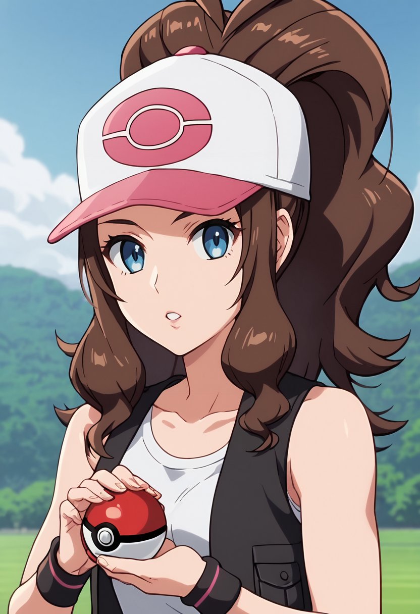 score_9, score_8_up, score_7_up,source_anime,anime coloring,perfect anatomy,cinematic_shadow,anime screencap,<lora:animestyle:1>finetuneanimeBREAK <lora:hilda:1>hilda, 1girl, hilda (pokemon), solo, poke ball, hat, holding, long hair, holding poke ball, shirt, blue eyes, brown hair, white shirt, baseball cap, poke ball (basic), sleeveless, sleeveless shirt, black vest, upper body, vest, wristband, parted lips, high ponytail, looking at viewer, sidelocks, open clothes, collarbone, open vest,outdoors, 