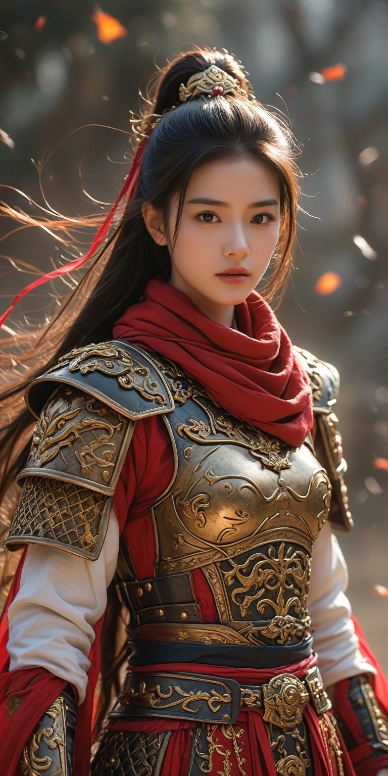 A Girl, Ancient China, Female General, Horseback Riding, (Gluttonous Pattern: 1.5) Wearing Armor, Red Cloak, Strong Contrast, Chinese Aesthetics, Song Dynasty Aesthetics, Dramatic Lighting, High Detail, Ultra High Resolution, 32K UHD, Clear Focus, Best Quality, Special, (Pastel, Film, Effects) Color, Award Winning Image. Perfect hands.