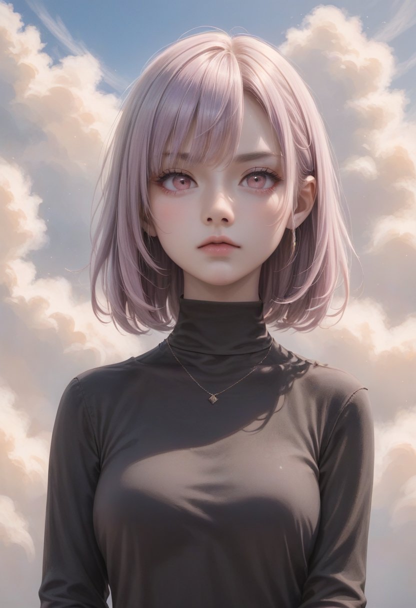 score_9, score_8_up, score_7_up, rating_safe, BREAK, beautiful and aesthetic:1.2, 1girl, beautiful, high detailed, purple hair with a hint of pink, pink eyes, dark lighting, serious face, looking the sky, sky, medium shot, black sweater, jewelry,   <lora:Style_Arctic Girl 2.5D:1>   