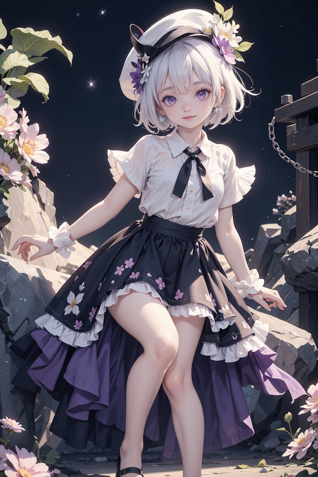 1girl,heart,white hair,background,short hair,earrings,jewelry,hat,Shirt,solo,full body,Flower,Purple theme,short sleeves,print shirt,seductive_smile,heterochromia,stars in the eyes,messy floating hair,colored inner hair,Starry sky adorns hair,depth of field,