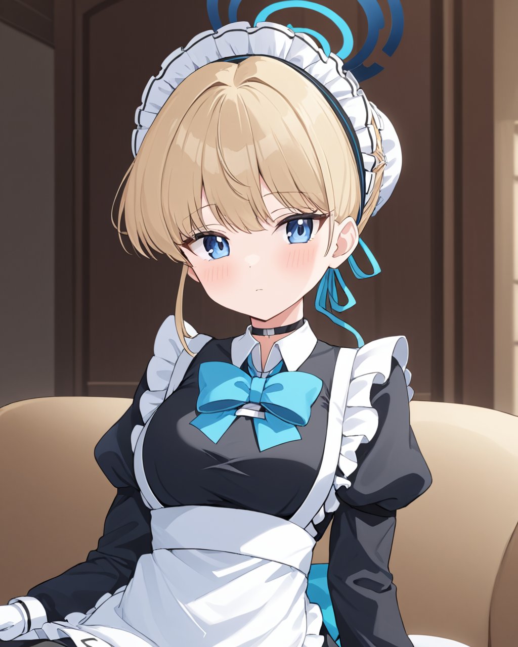 toki \(blue archive\),1girl, solo, maid_headdress, double_v, halo, white_gloves, looking_at_viewer, white_apron, maid, blue_bowtie, long_sleeves, hair_bun, closed_mouth, breasts, puffy_sleeves, indoors, maid_apron, blue_ribbon, frilled_apron, sitting, on_couch, blush, black_dress, hair_ribbon, choker<lora:toki_(blue_archive)_image4932_2023-11-28-000009:1>halo. gorgeous,key visual, vibrant, studio anime,award-winning, professional, highly detailed,high budget, cinemascope