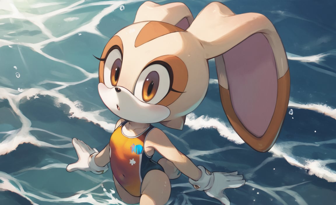 score_9, score_8_up, score_7_up, score_6_up,  <lora:Cream The Rabbit PONYXL:1>, Cream the Rabbit swimming at the beach in the ocean wearing a patterned swimsuit, bunny tail, masterpiece, beach, water, partially_submerged, water, ocean, foaming_waves, boardwalk, 2d, drawing, illustration, tail, one-piece_swimsuit, (partially_underwater_shot:1.2), full body