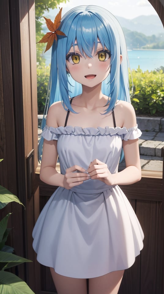 (masterpiece, best quality), ray tracing, absurdres, HDR,rimuru tempest, underground lake goddess, 1girl,large breats,blue hair , yellow eyes,solo, hair between eyes, long hair,  open mouth, smile, hair ornament, leaf hair ornament, hair flower, , , off shoulder, bare arms, ,blush,looking at viewer,<lora:rimuru_lake_goddess:0.7>