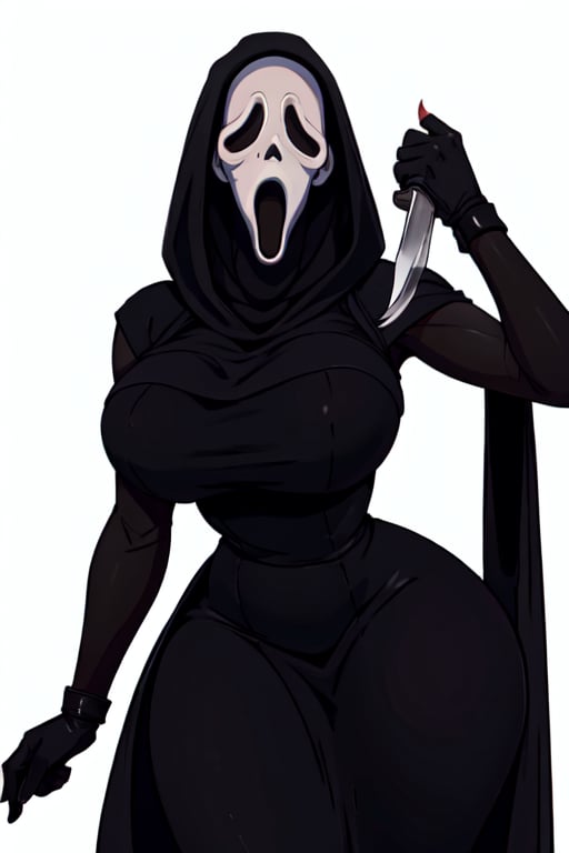 masterpiece,best quality,extreme detail,8k,white background,<lora:ghostface:0.8>,ghostface,1girl,solo,breasts,large breasts,simple background,gloves,dress,black gloves,hood,black dress,mask,hood up,long dress,holding knife,