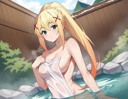 score_9, score_8_up, score_7_up, source_anime,lalatinadustinessford, <lora:lalatina-dustiness-ford-s2-ponyxl-lora-nochekaiser:1>,darkness \(konosuba\), long hair, green eyes, blonde hair, hair ornament, ponytail, braid, x hair ornament,nude, naked,outdoors, onsen, towel, naked towel, steam, bathing, nude cover, partially submerged, water, bath, steam censor, wet towel,looking at viewer, dutch angle, cowboy shot,