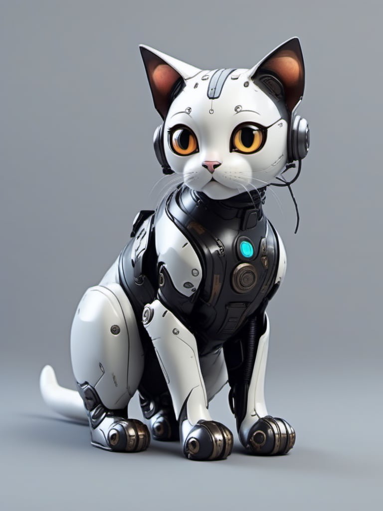 jixie,This is a mechanized cat with a cyberpunk style. The cat's head is slightly tilted downward,as if it is looking at something or someone with interest,<lora:仿生机械V1:0.7>,