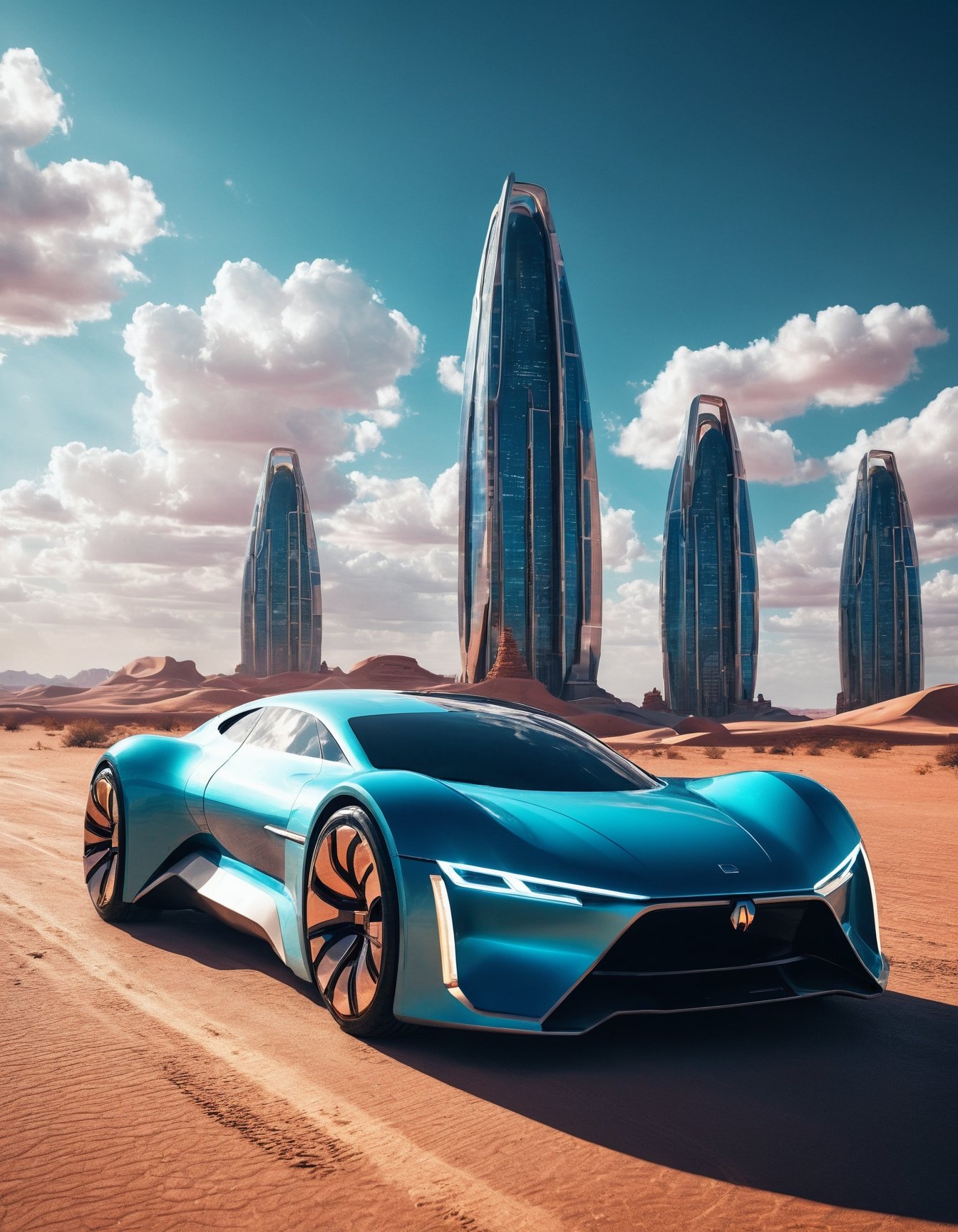 sci-fi, cinematic photo, futuristic design of electro car, majestic, desert city, skyscrapers, perfect lighting, clouds, vibrant, film grain