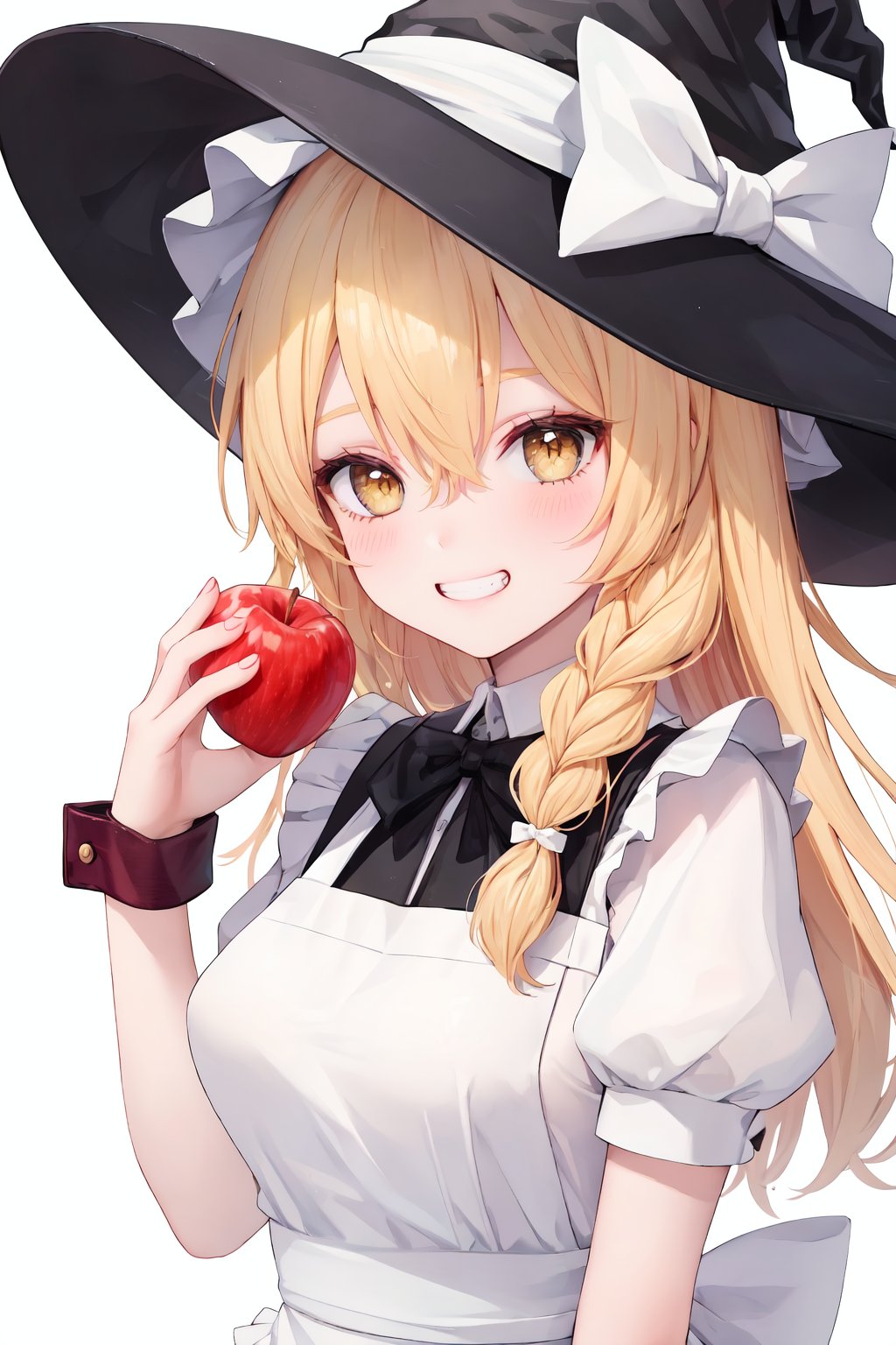 1girl, solo, hat, witch hat, kirisame marisa, long hair, blonde hair, smile, braid, short sleeves, yellow eyes, grin, white background, wrist cuffs, looking at viewer, bow, puffy sleeves, white bow, simple background, upper body, black headwear, hat bow, puffy short sleeves, holding, blush, vest, bangs, frills, single braid, glint, shirt, hair between eyes, apron, white shirt, teeth, fruit, crystal, hand up, frilled hat, black vest, jewelry, apple