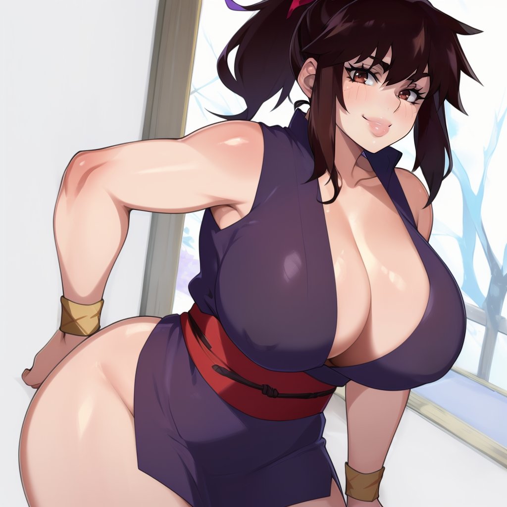 (masterpiece, best quality:1.3), FoxiCube, 1girl, solo, looking at viewer, wide hips, mature female, closed mouth, seductive smile, large breasts, cowboy shot, thick thighs,  <lora:FoxiCube Style Lora:.85>, okoi, black hair, ponytail, bangs, sidelocks, purple top, brown eyes, japanese clothes, cleavage, ninja, sleeveless, sandals, sash, wristband  <lora:Okoi_v01:.8>