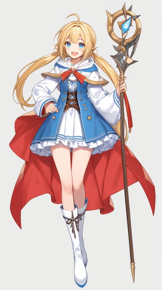 (best quality), ((masterpiece)), (highres), illustration, original, extremely detailed,   <lora:恩佩西斯的闪光:0.7>1girl, solo, blonde hair, staff, blue eyes, boots, full body, long hair, white background, open mouth, smile, holding, simple background, looking at viewer, ahoge, white footwear, hood, twintails, skirt, holding staff, dress