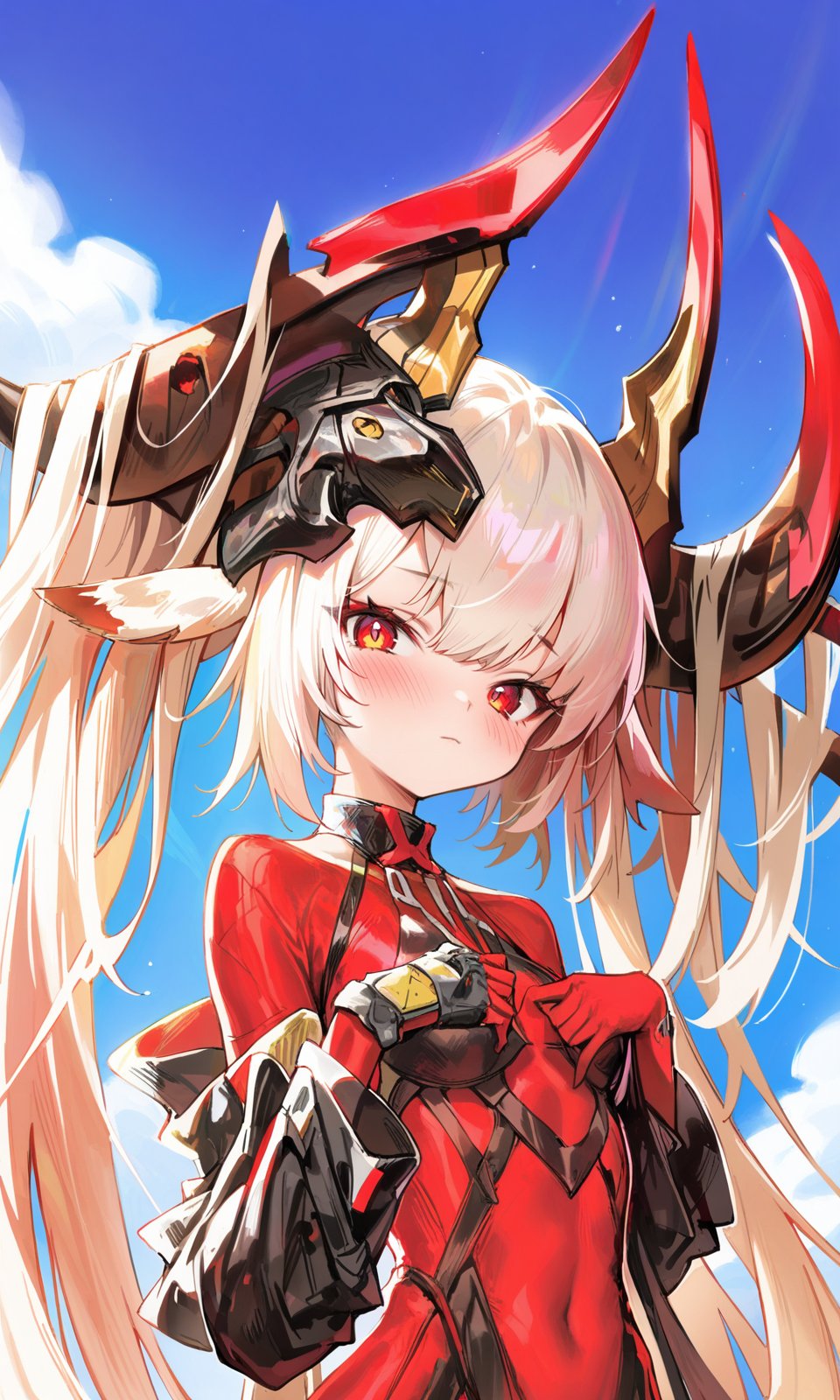 agoto, 1girl, queenepsilon, solo, horns, long hair, red eyes, very long hair, animal ears, looking at viewer, closed mouth, blush, white hair, twintails, bangs, cowboy shot, upper body, portrait, outdoors, sky, masterpiece, best quality, very aesthetic, absurdres,<lora:Agoto_xl:1><lora:Fixhands_anime_bdsqlsz_V1:1>