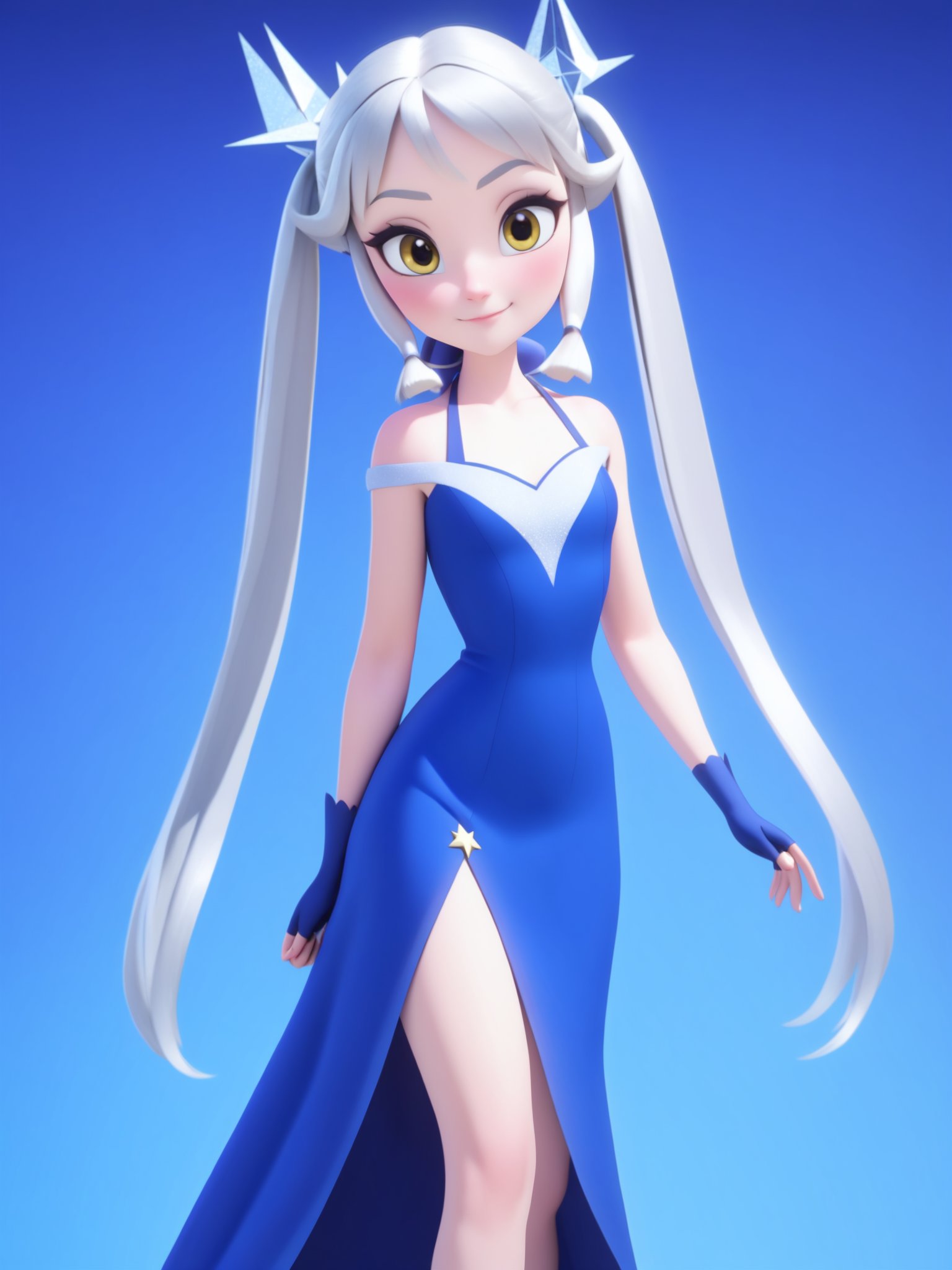 <lora:xl_Disney style(kohaku_delta)-000006:1>,Disney style,3d,1girl,long hair,solo,gloves,fingerless gloves,smile,dress,quad tails,star \(symbol\),looking at viewer,stellated octahedron,bare shoulders,yellow eyes,bangs,eyebrows visible through hair,collarbone,blue dress,very long hair,ribbon,hair ribbon,closed mouth,blush,halterneck,blue gloves,silver hair,twintails,hair ornament,sparkle,hair tubes,outstretched arm,, masterpiece, best quality,