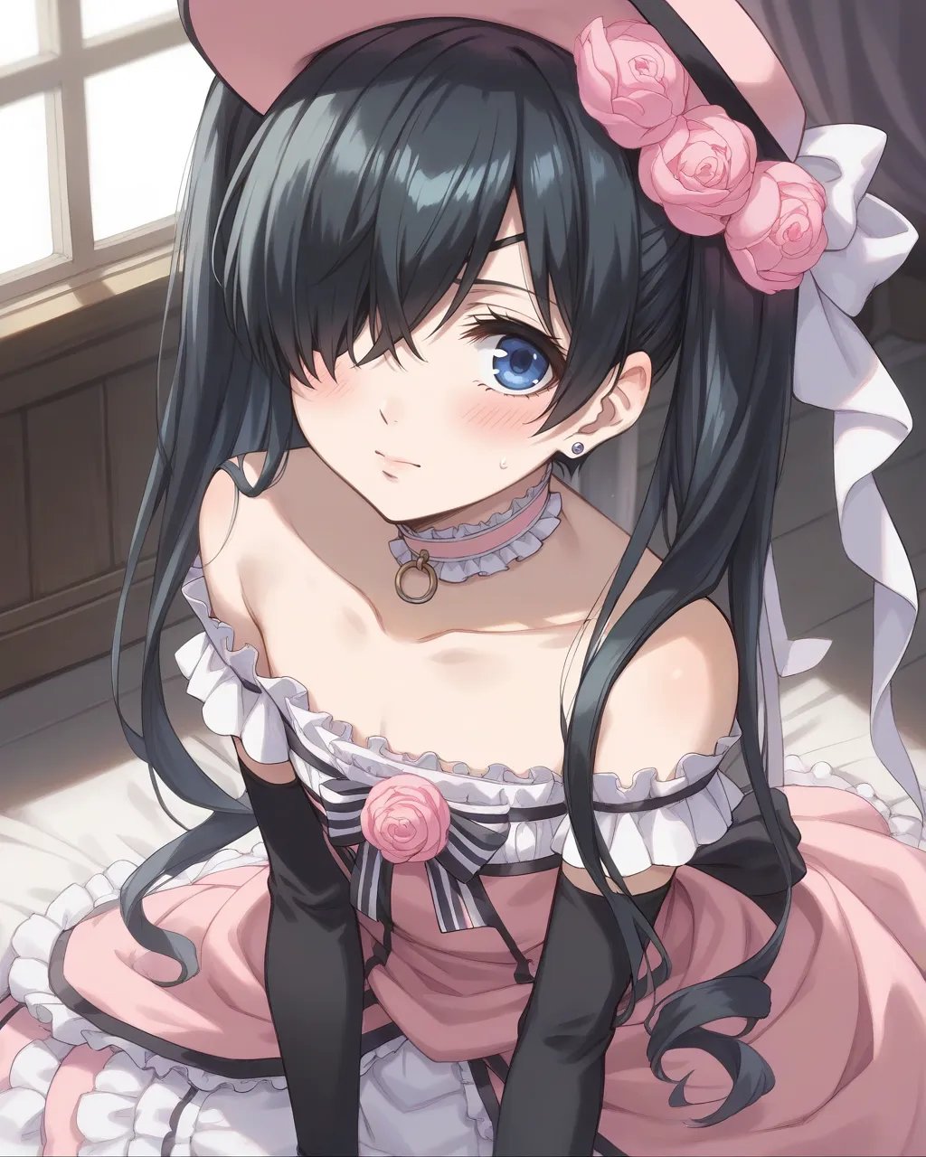 score_9,score_8_up,score_7_up,best quality, 4k, rating_safe, very aesthetic, source_anime,blush,room,<lora:Ciel_Phantomhive:0.8>, Ciel_PhantomhiveBB,blue eyes,black hair,long hair,twintails,hair over one eye,flower,choker,hat,pink headwear,dress,frills,crossdressing,bare shoulders,rose,elbow gloves,earrings,dynamic angle,blush,all fours,,