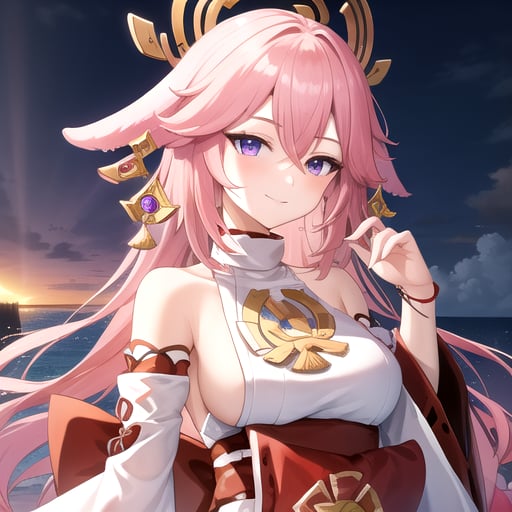 ((masterpiece)),(best quality),official art,extremely detailed CG,unity 8k wallpaper,ultra detailed,A lighthouse on a cliff by the sea,1girl,solo,upper body,(portrait:1.2),looking at viewer,pink_hair,low-tied_long_hair,purple_eyes,large_breasts,detached_sleeves,jewelry,sandals,wide_sleeves,earrings,animal_ears,bare_legs,bare_shoulders,hair_between_eyes,hair_ornament,fox_ears,japanese_clothes,very_long_hair,anklet,bangs,smile,white_shirt,nontraditional_miko,long_sleeves,<lora:Yaemiko(gen)>,